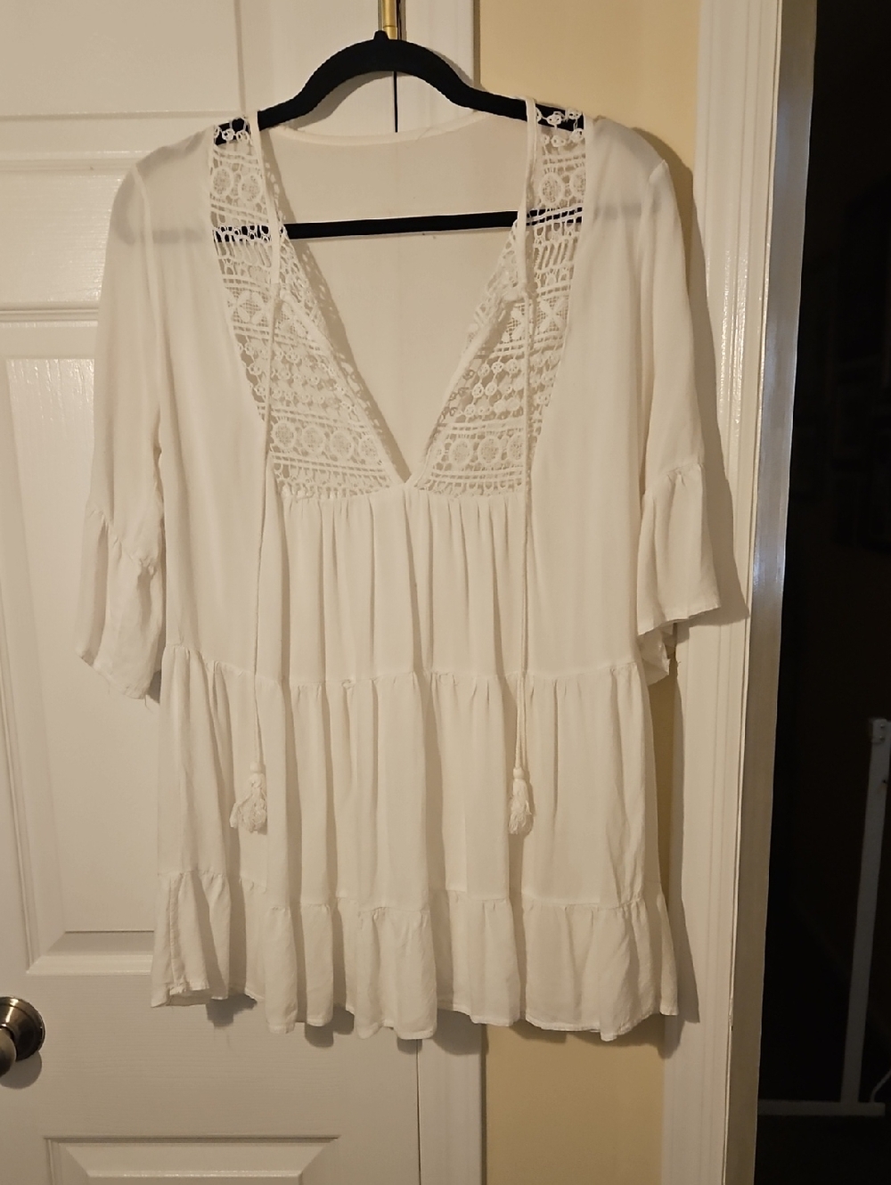 White Crochet V-Neck Peasant Swim Cover-Up